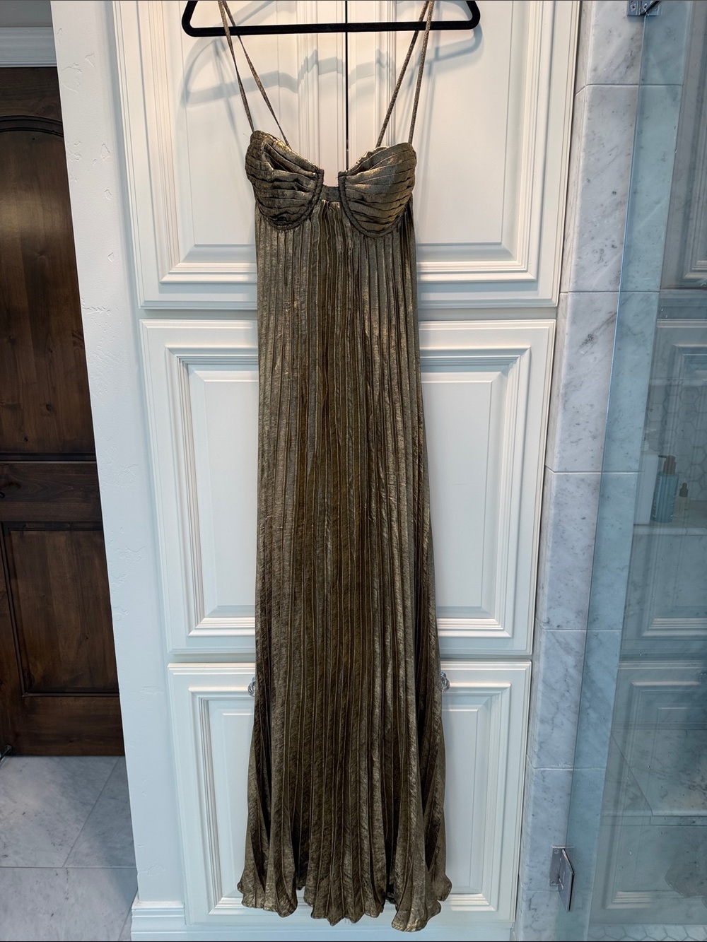 Lulu's Iridescent Bronze Metallic Pleated Maxi Dress